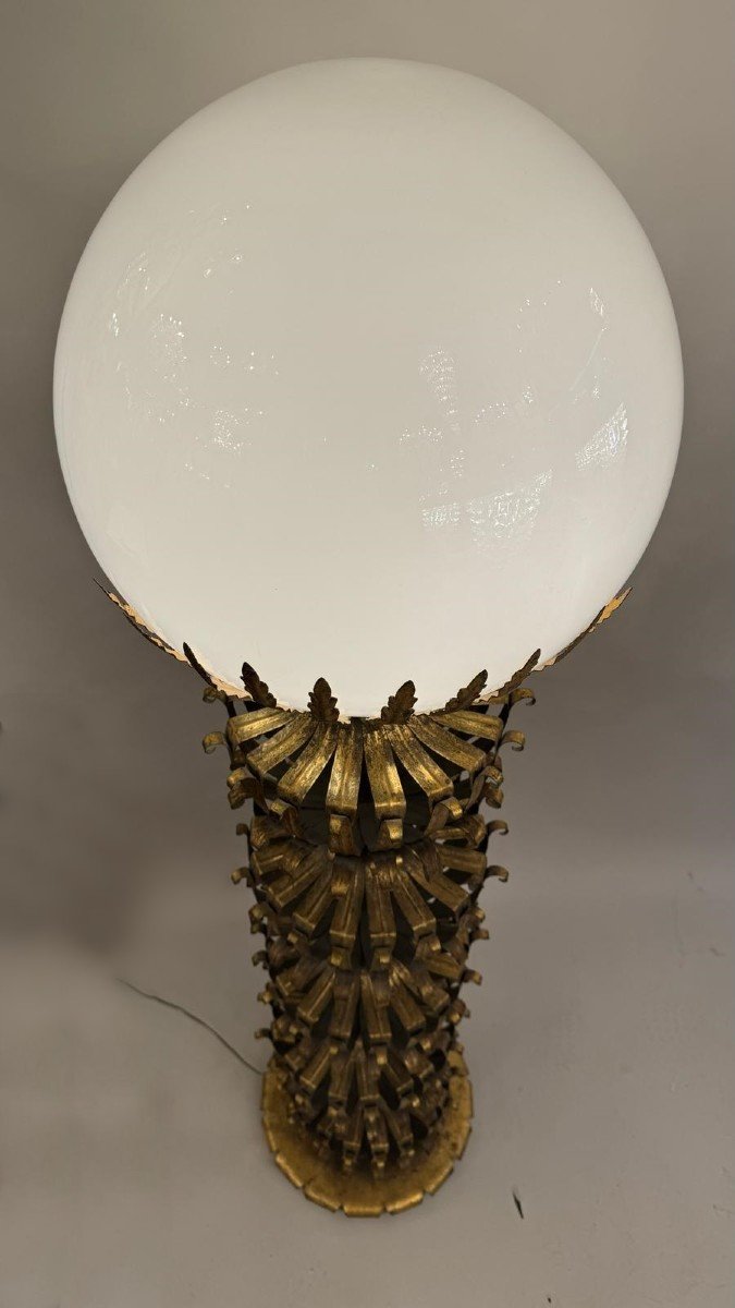 Floor Lamp In Gold Metal And Opaline-photo-2