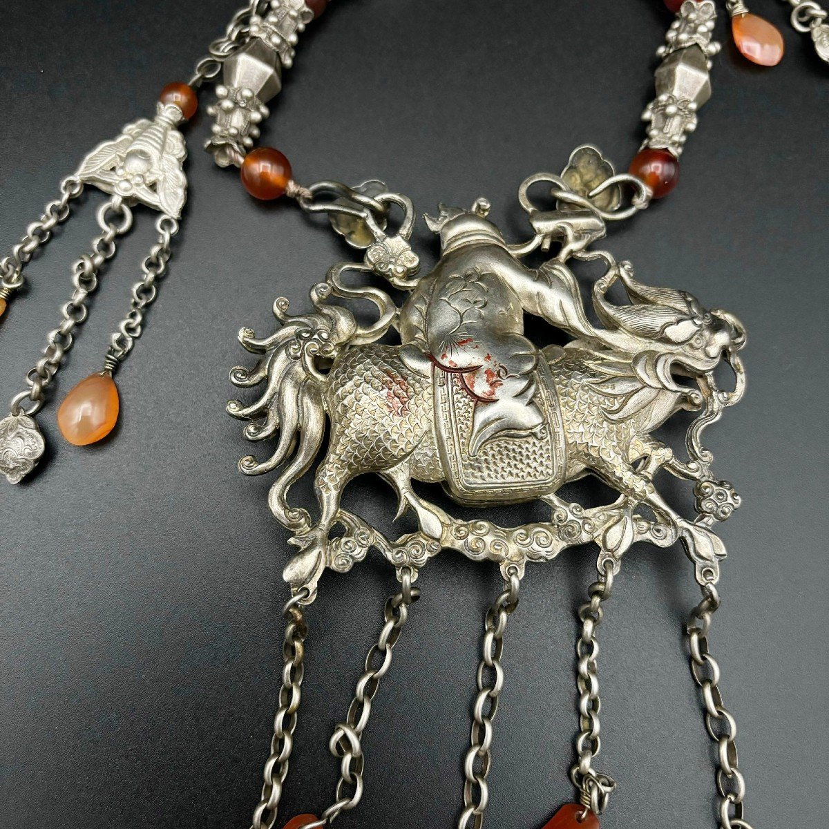 Chinese Silver Necklace With Carnelian Beads.-photo-4