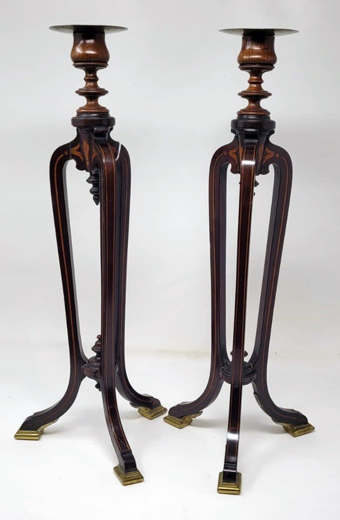 Pair Of Inlaid Mahogany Candlesticks-photo-5