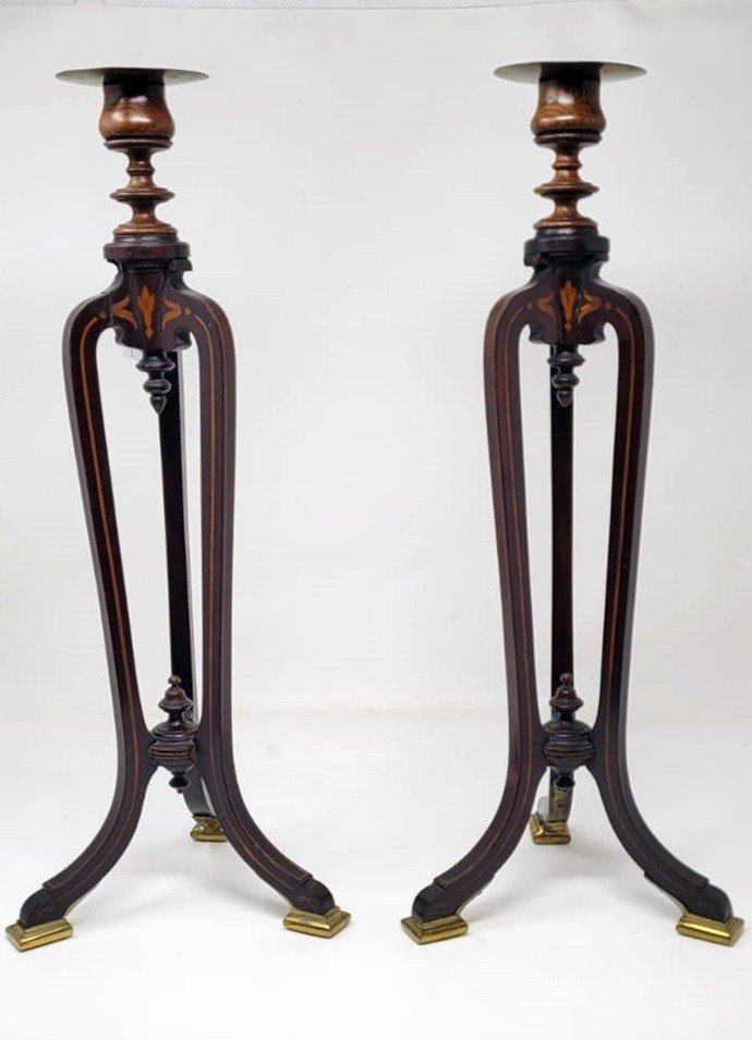 Pair Of Inlaid Mahogany Candlesticks