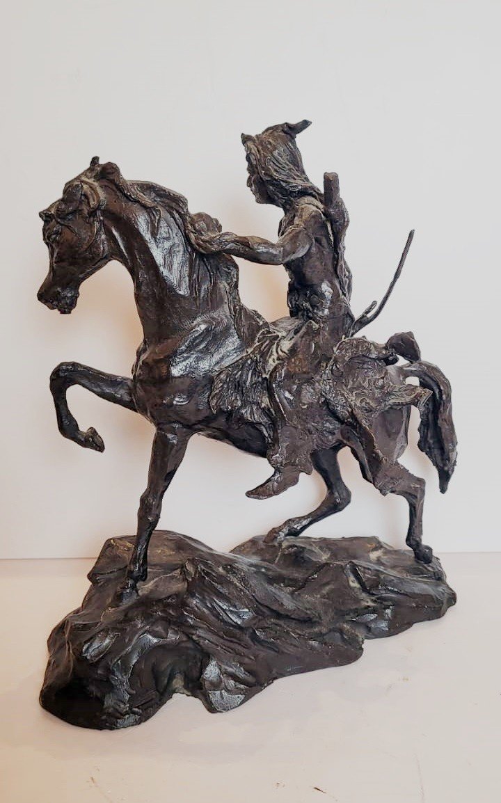 Sculpture En Bronze - Indien à Cheval-photo-2