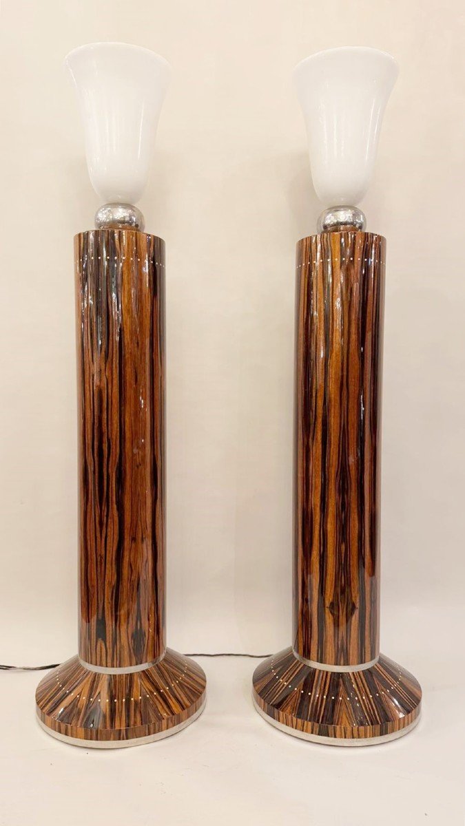 Pair Of Art Deco Style Floor Lamps In Macassar Ebony.-photo-2