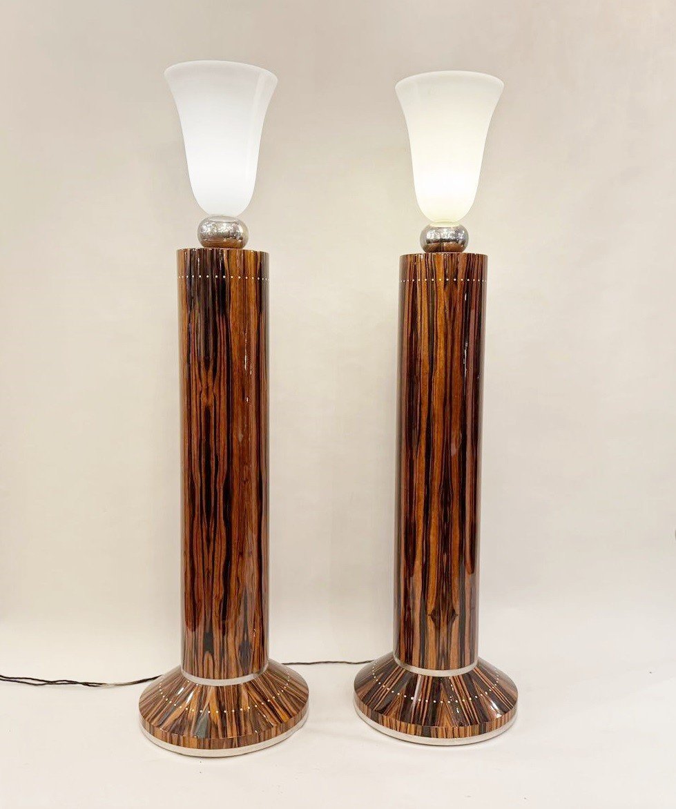 Pair Of Art Deco Style Floor Lamps In Macassar Ebony.-photo-5