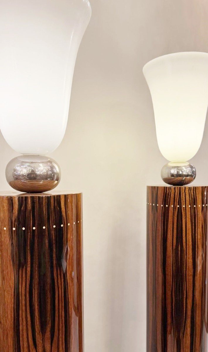 Pair Of Art Deco Style Floor Lamps In Macassar Ebony.-photo-6