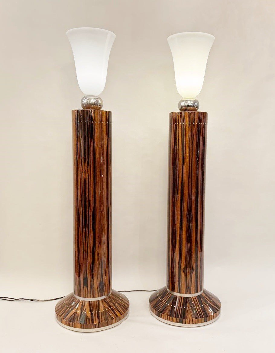 Pair Of Art Deco Style Floor Lamps In Macassar Ebony.