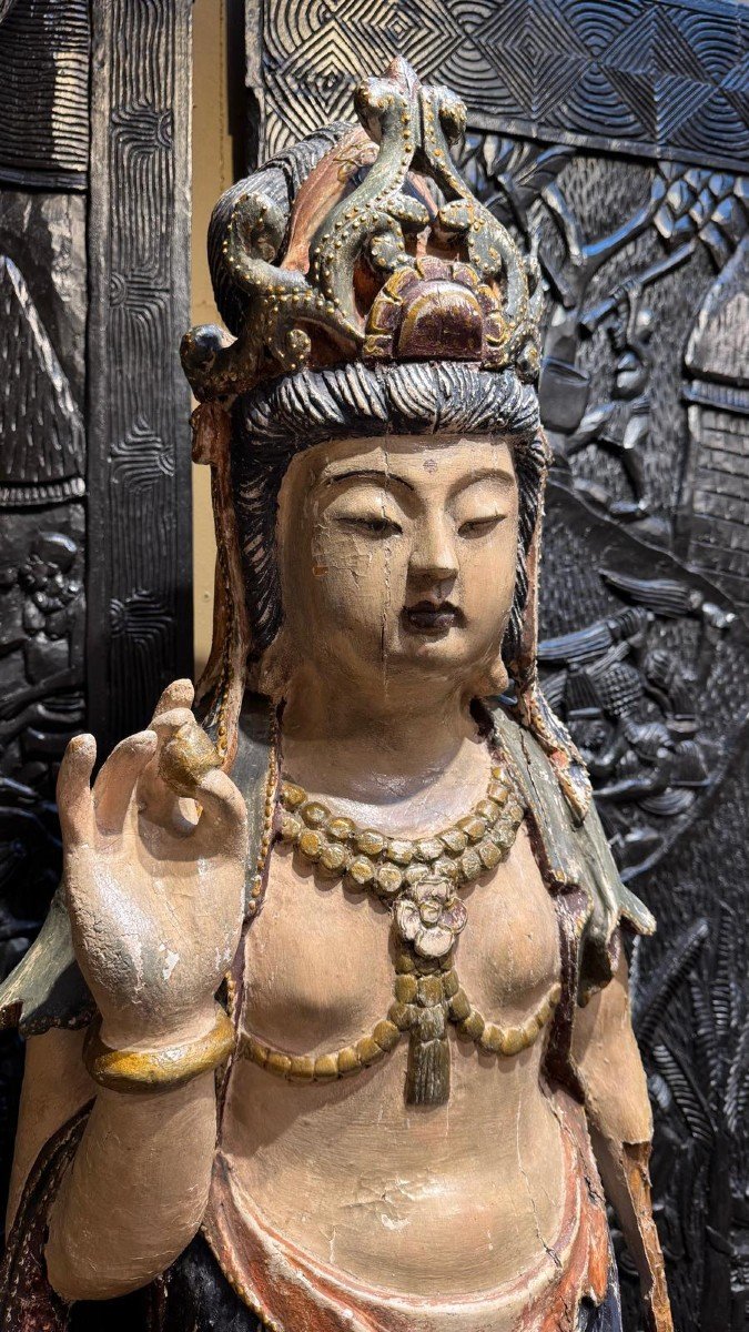 Guan Yin En Bois Sculpté-photo-2