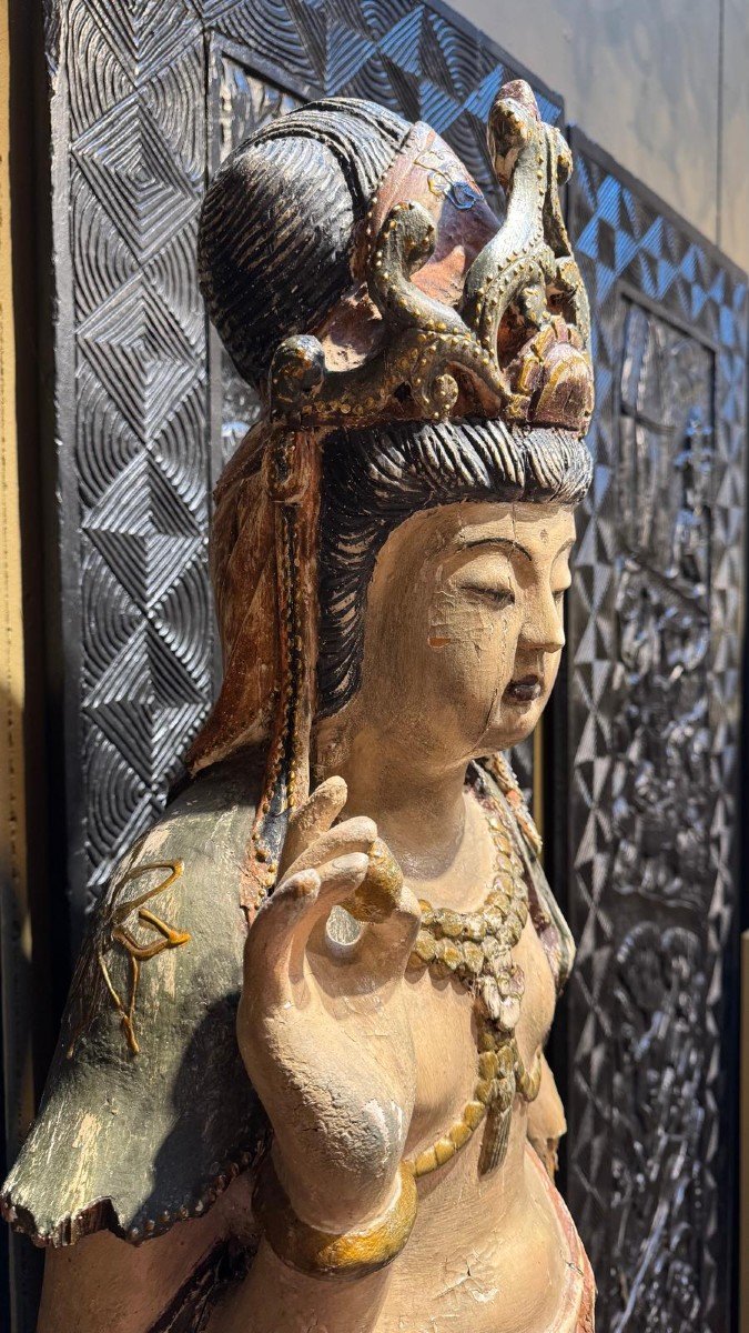 Guan Yin En Bois Sculpté-photo-4