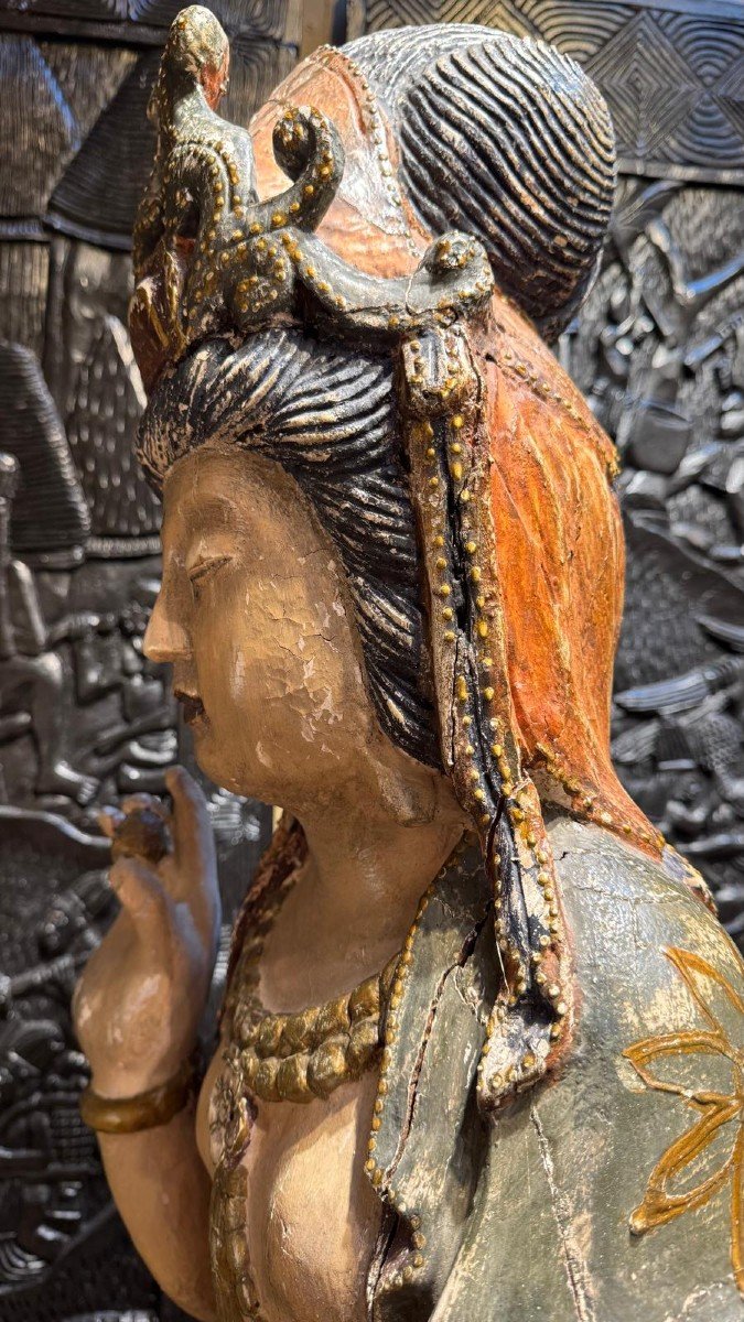 Guan Yin En Bois Sculpté-photo-4