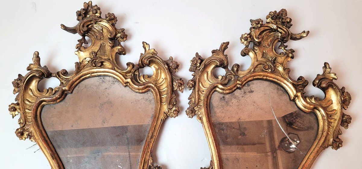 Paire d'Appliques Miroir En Bois Sculpté-photo-1