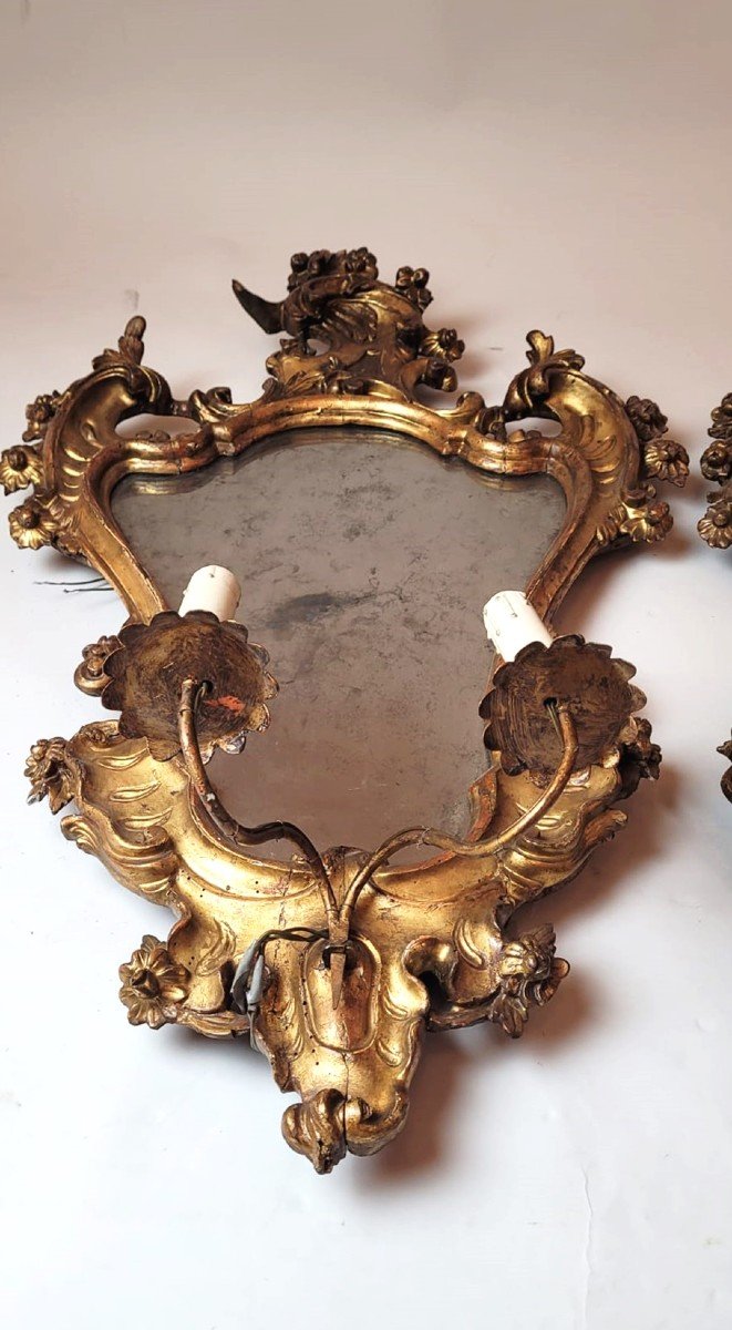 Paire d'Appliques Miroir En Bois Sculpté-photo-2