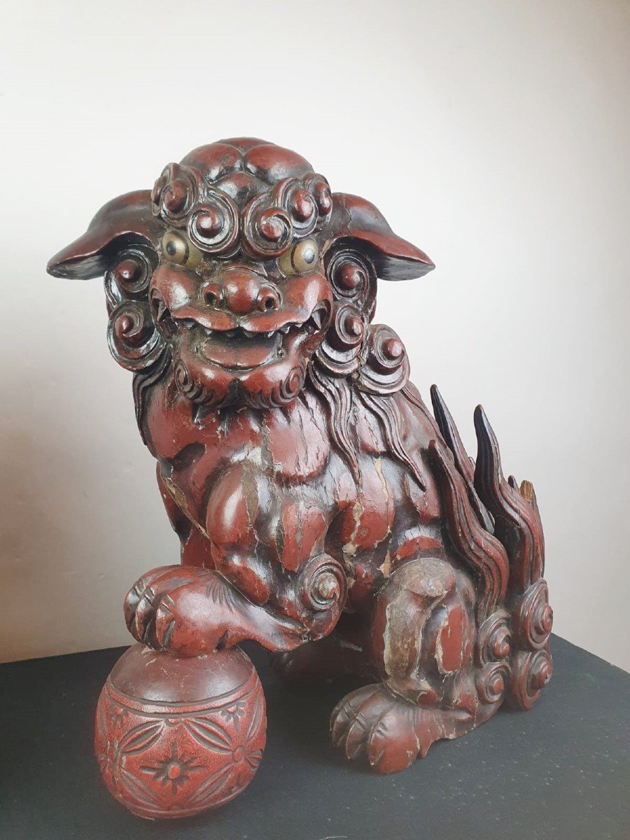 Paire De Chiens De Fô En Bois Laqué Rouge Finement Sculpté, Chine 19th-photo-3