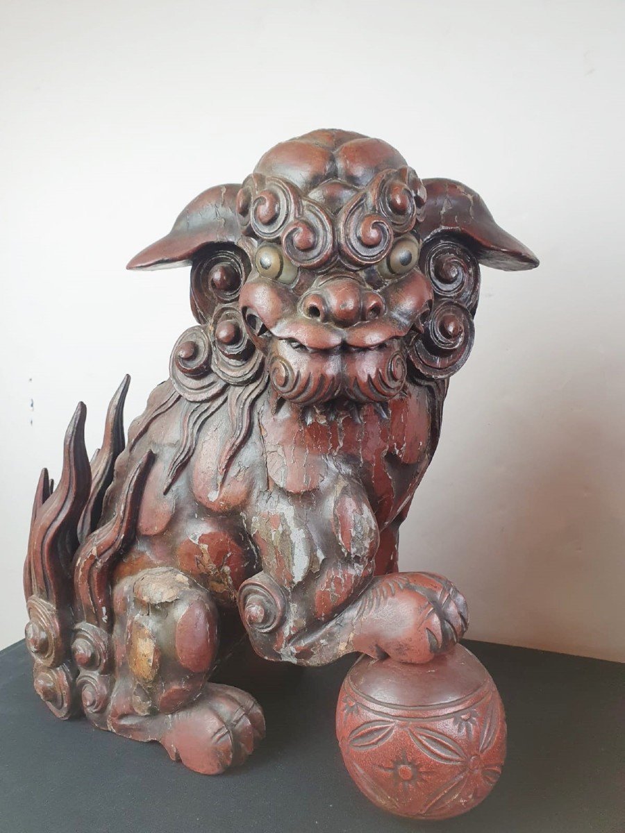 Paire De Chiens De Fô En Bois Laqué Rouge Finement Sculpté, Chine 19th-photo-4