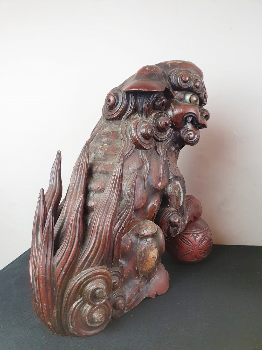 Paire De Chiens De Fô En Bois Laqué Rouge Finement Sculpté, Chine 19th-photo-1