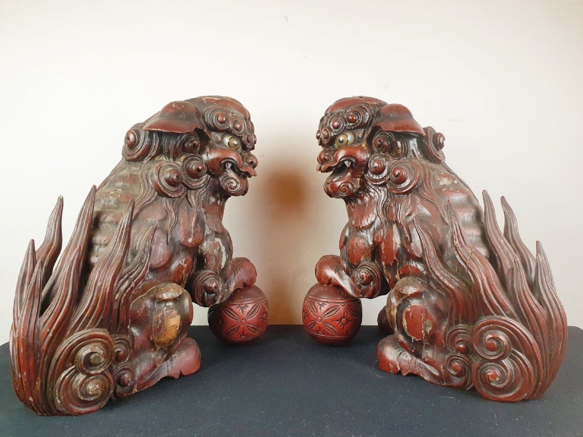 Paire De Chiens De Fô En Bois Laqué Rouge Finement Sculpté, Chine 19th-photo-2