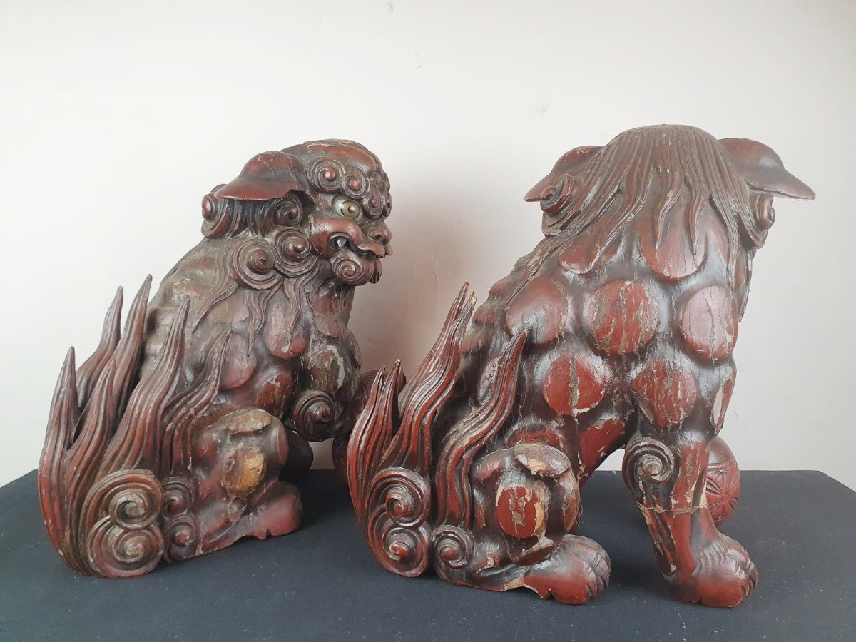 Paire De Chiens De Fô En Bois Laqué Rouge Finement Sculpté, Chine 19th-photo-3