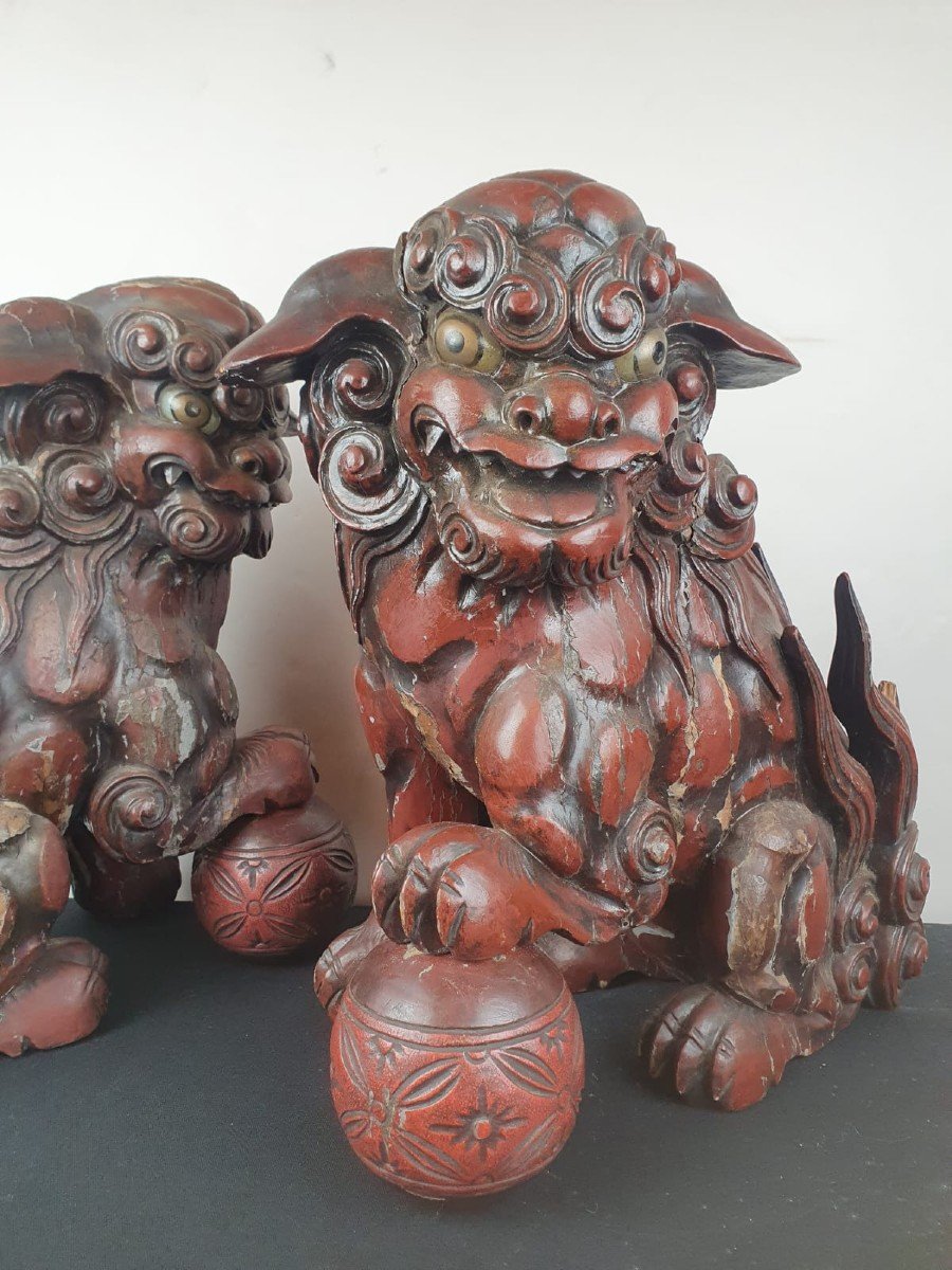 Paire De Chiens De Fô En Bois Laqué Rouge Finement Sculpté, Chine 19th-photo-4