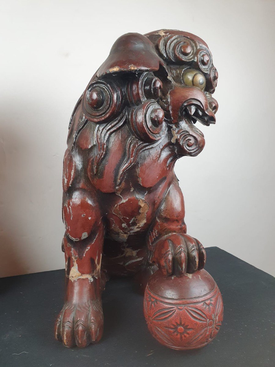 Paire De Chiens De Fô En Bois Laqué Rouge Finement Sculpté, Chine 19th-photo-6