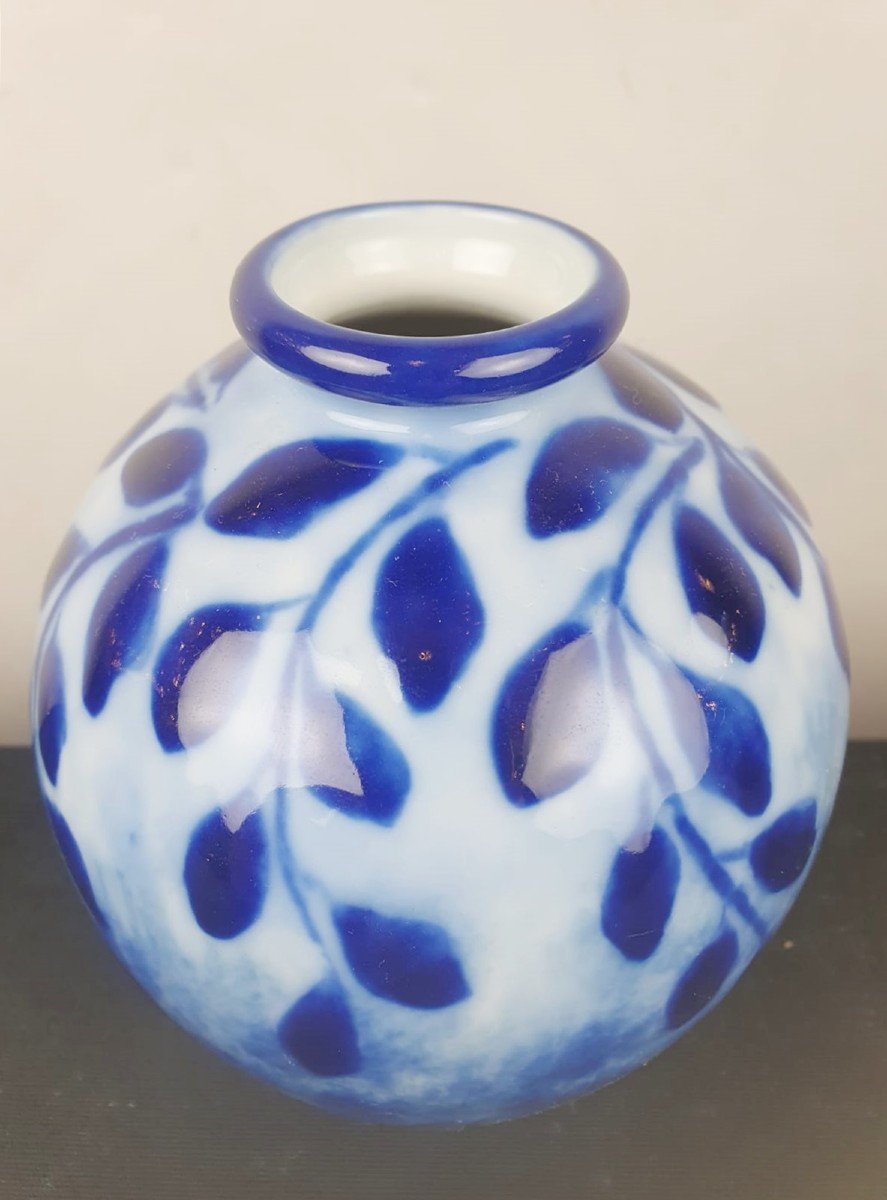 Tharaud Camille, Small Blue And White Glazed Earthenware Vase With Stylized Foliage Decor-photo-2