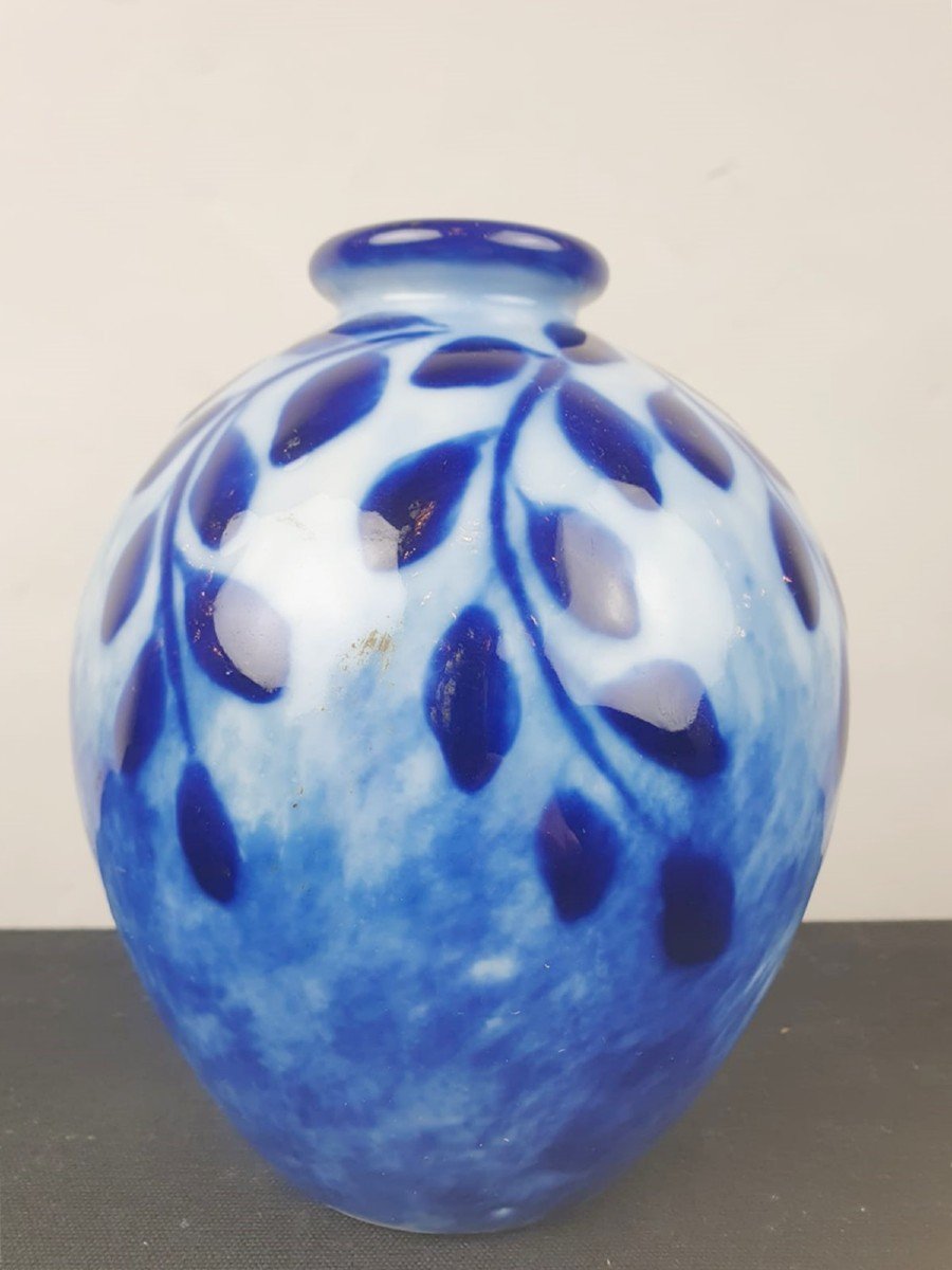 Tharaud Camille, Small Blue And White Glazed Earthenware Vase With Stylized Foliage Decor-photo-3