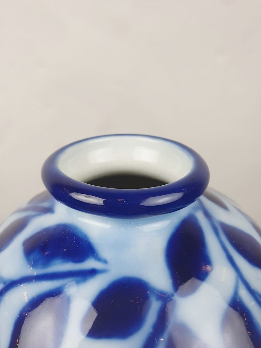 Tharaud Camille, Small Blue And White Glazed Earthenware Vase With Stylized Foliage Decor-photo-4