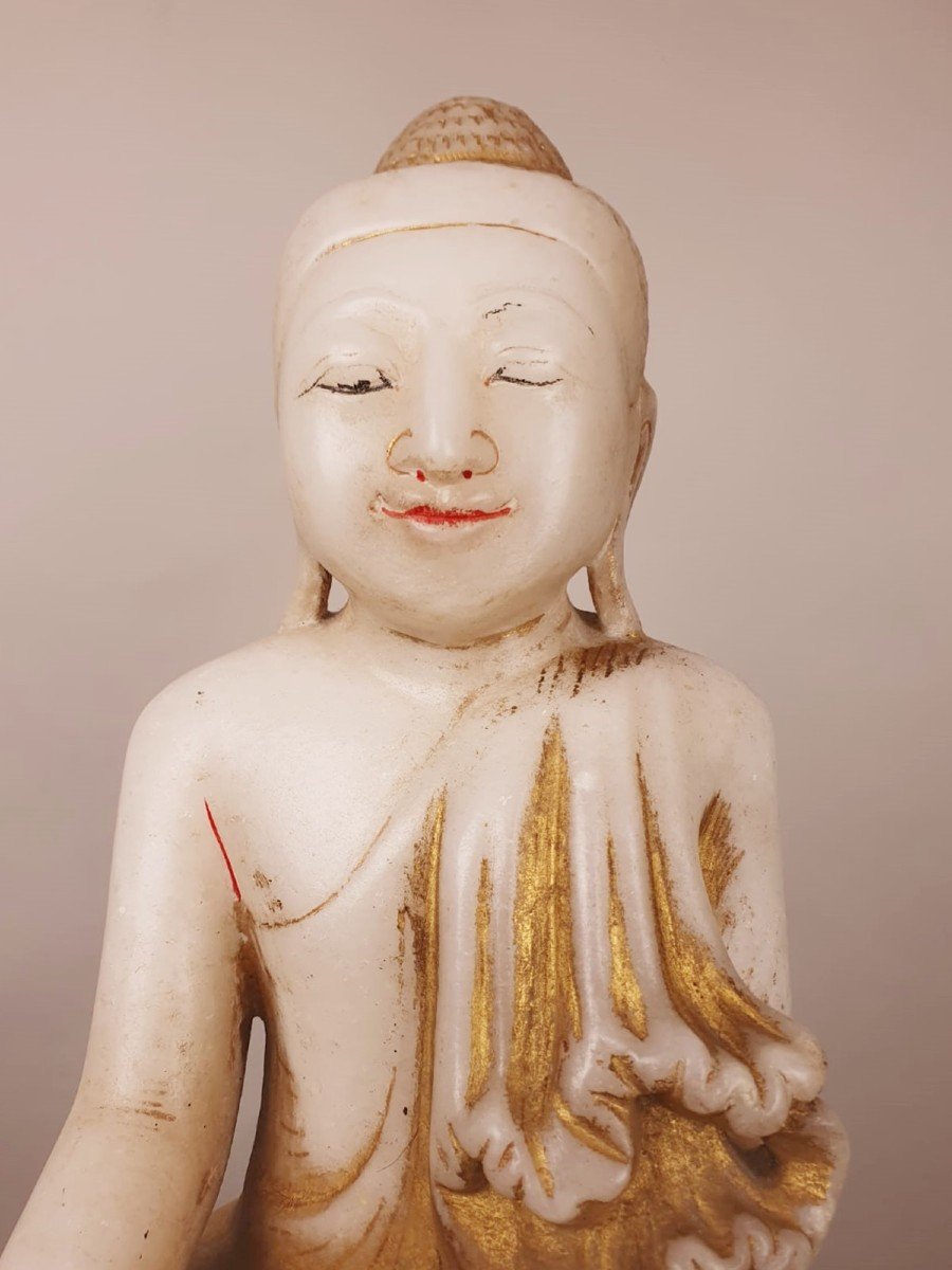 Bouddha En Marbre, Traces De Polychromie, Birmanie, 19th-photo-2