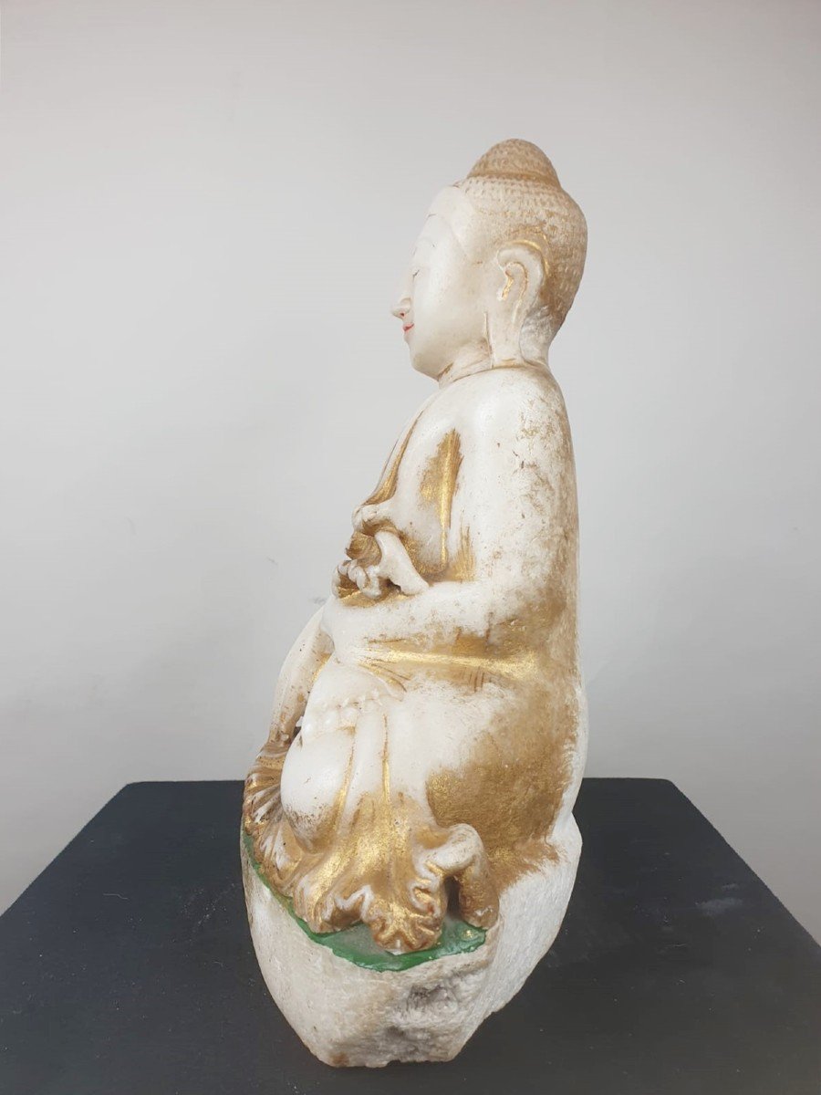 Bouddha En Marbre, Traces De Polychromie, Birmanie, 19th-photo-3