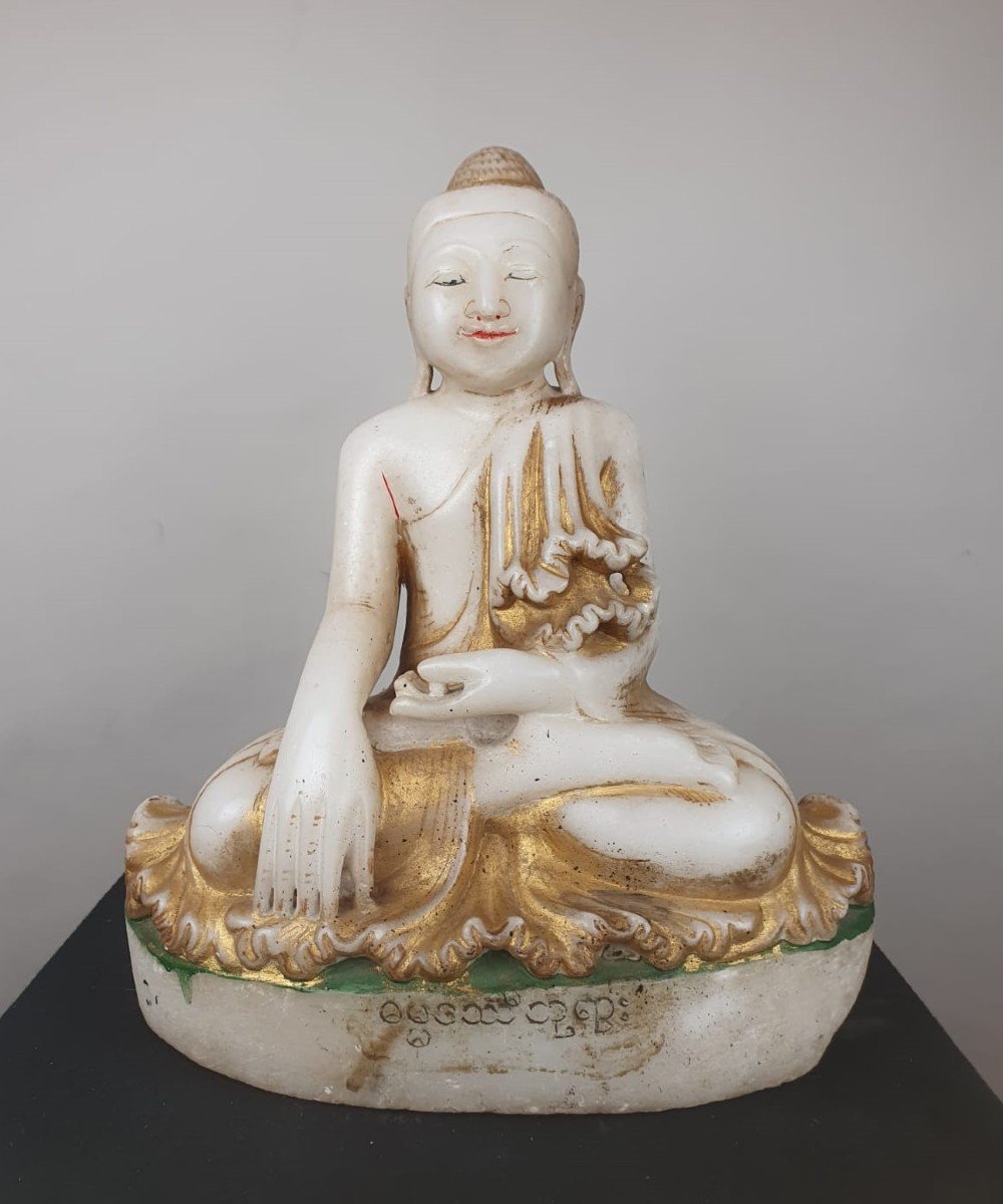 Bouddha En Marbre, Traces De Polychromie, Birmanie, 19th