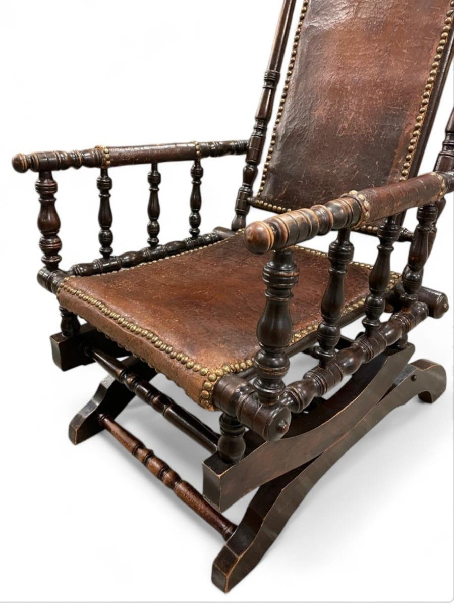 Rocking Chair, Patinated Wood And Leather, English Work Late 19th-photo-3