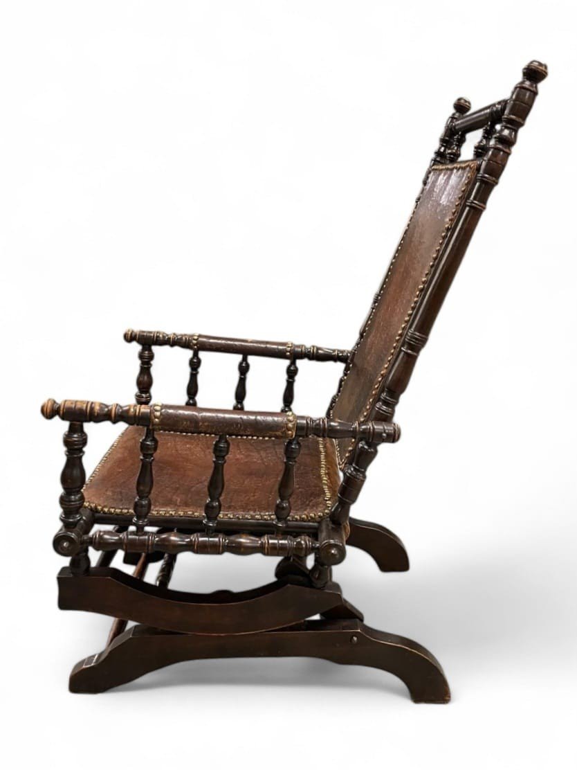 Rocking Chair, Patinated Wood And Leather, English Work Late 19th-photo-4