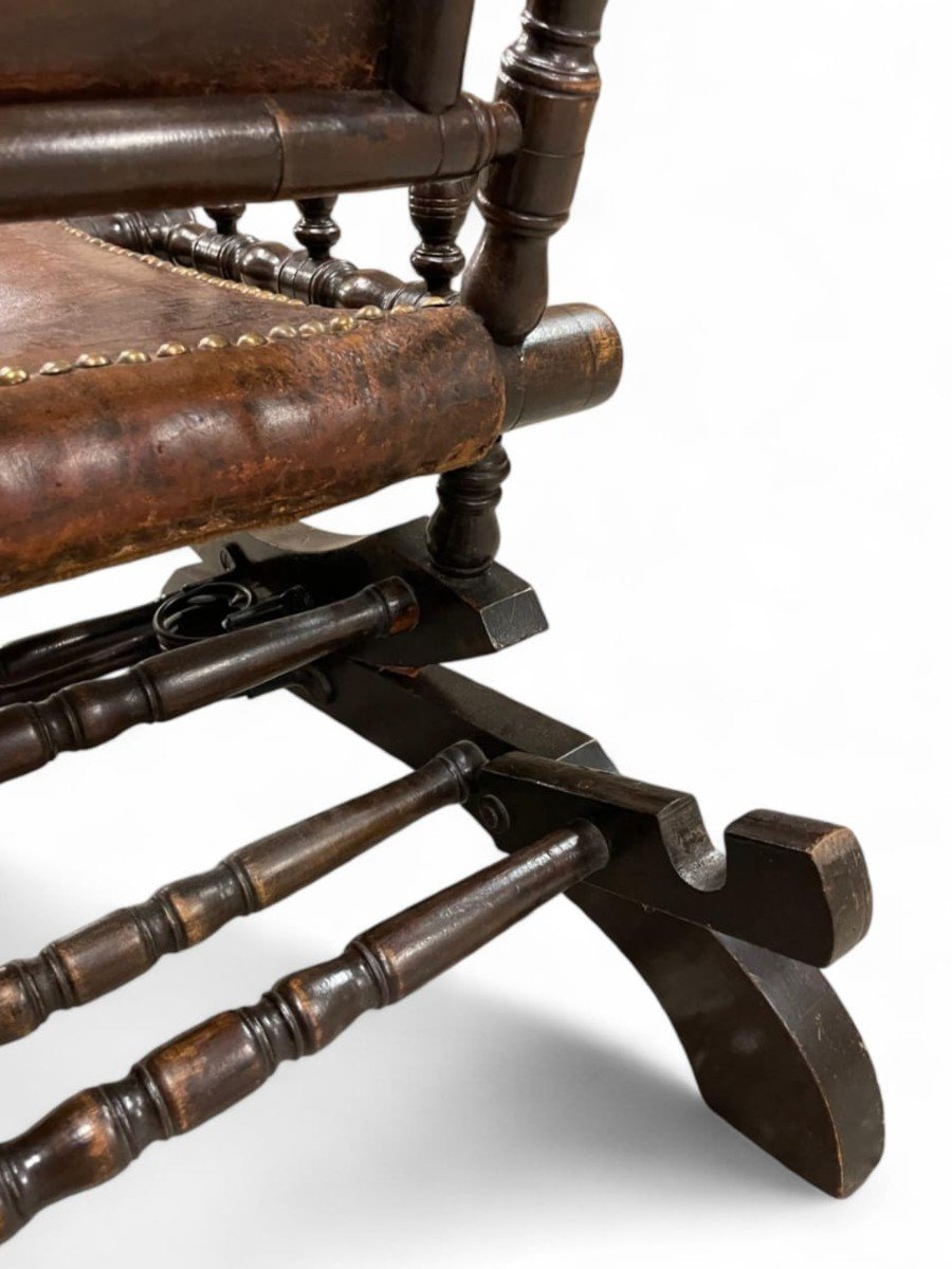 Rocking Chair, Patinated Wood And Leather, English Work Late 19th-photo-3