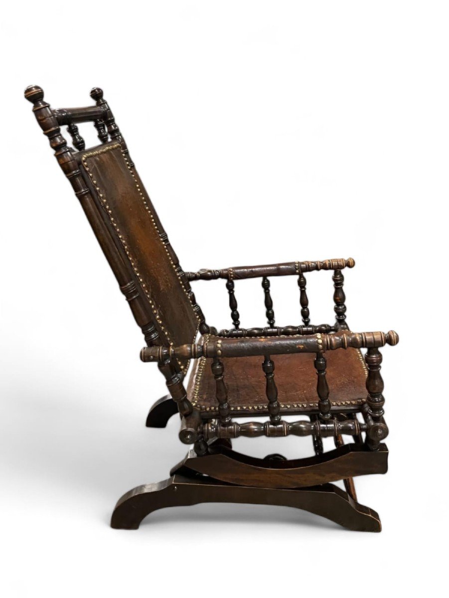 Rocking Chair, Patinated Wood And Leather, English Work Late 19th-photo-4