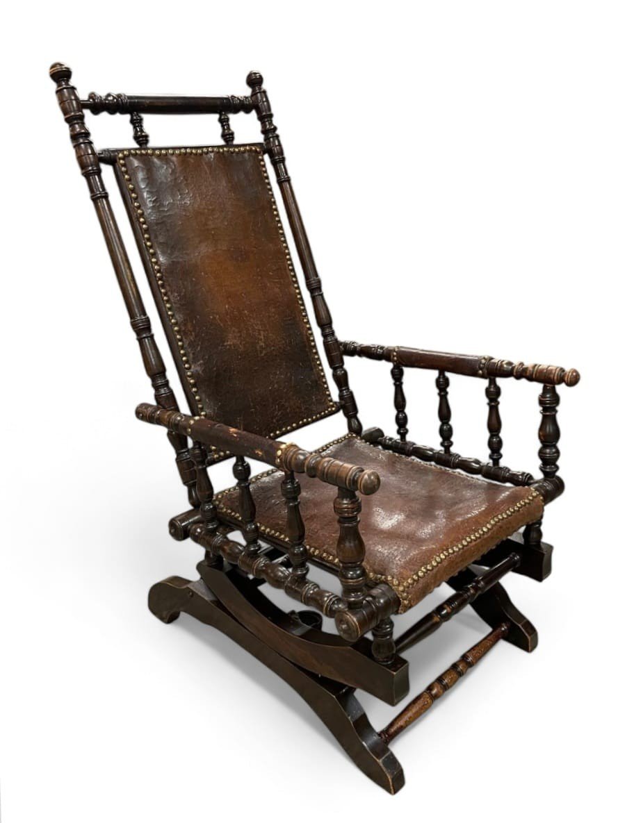 Rocking Chair, Patinated Wood And Leather, English Work Late 19th