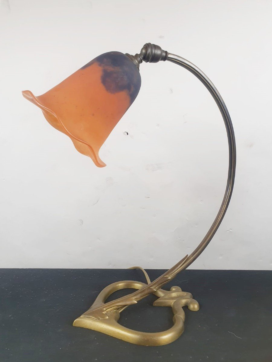 2 Lampes Art Nouveau, Tulipes En Pâte De Verre Signée Daum-photo-3