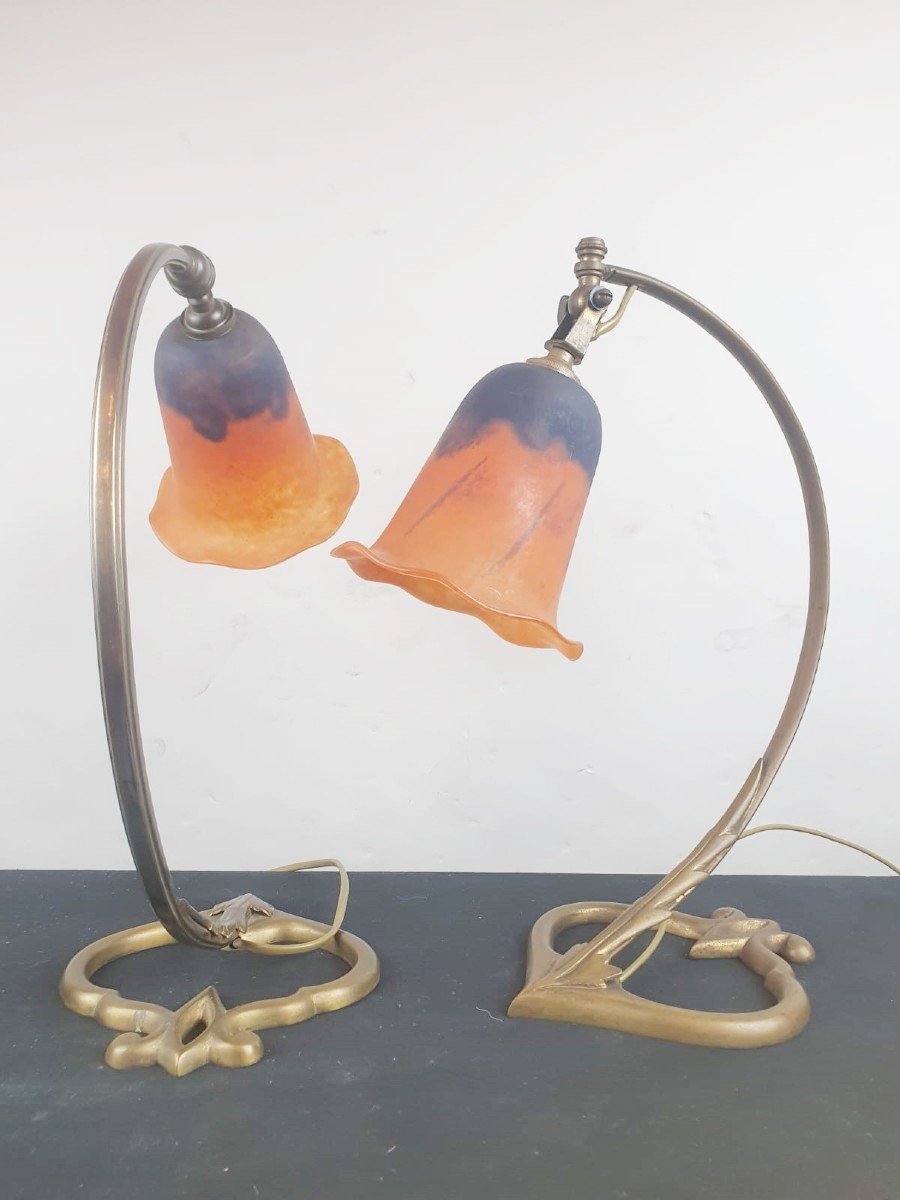 2 Lampes Art Nouveau, Tulipes En Pâte De Verre Signée Daum-photo-5