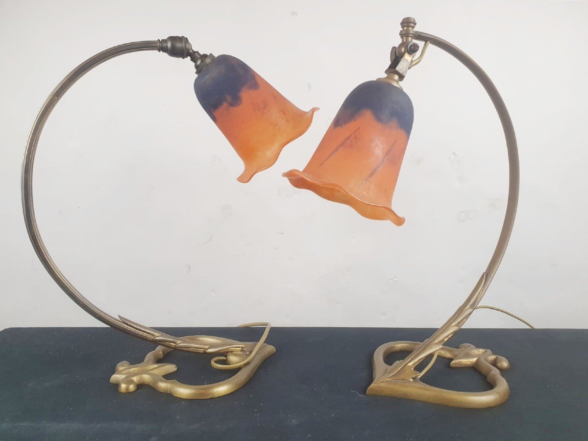 2 Lampes Art Nouveau, Tulipes En Pâte De Verre Signée Daum-photo-6