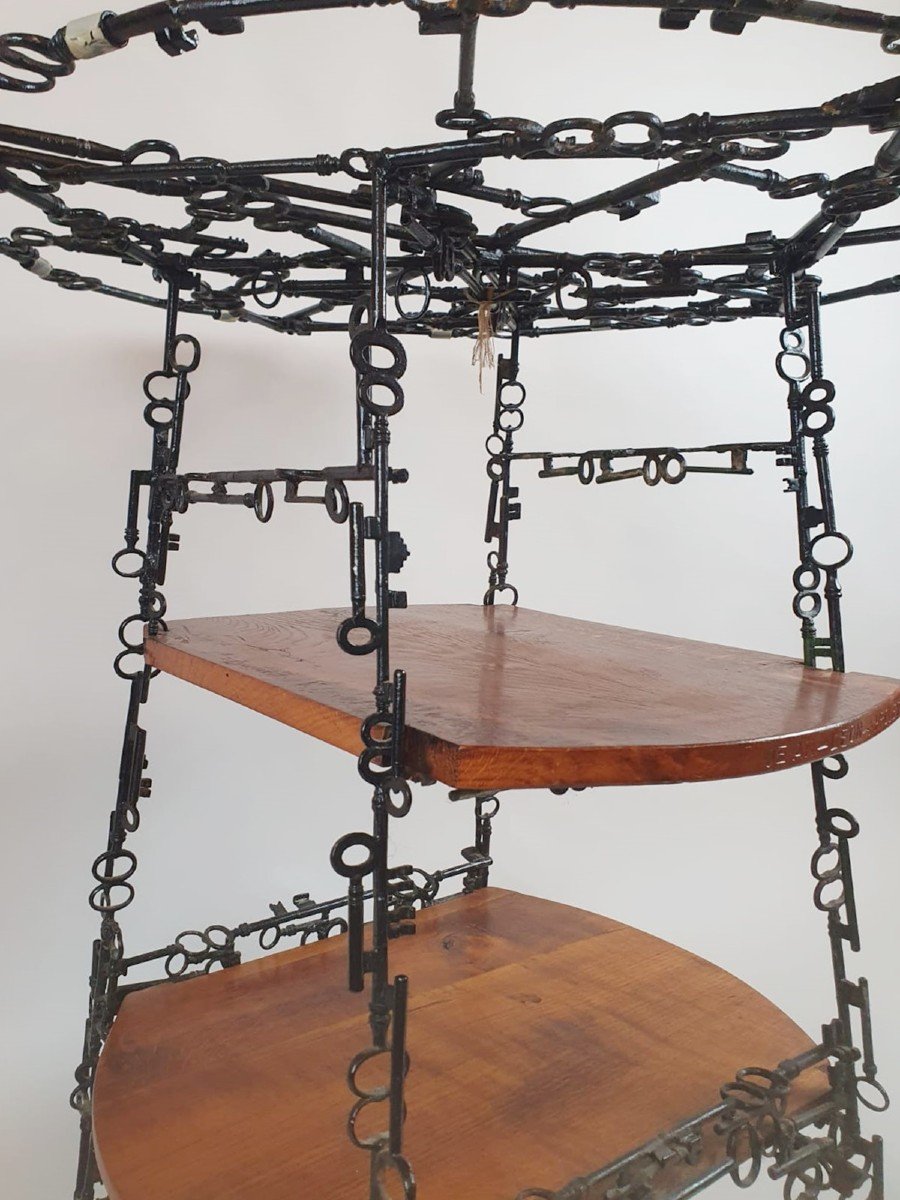 Side Table And Its 4 Stools, Set Formed By Keys Welded Together-photo-1