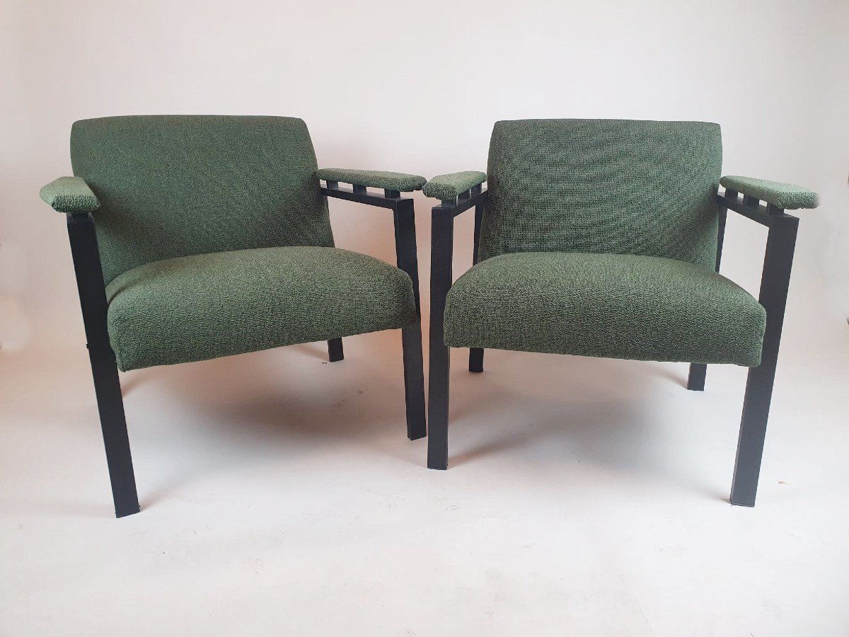 Paire De Fauteuils, Métal Laqué Noir, Vers 1970