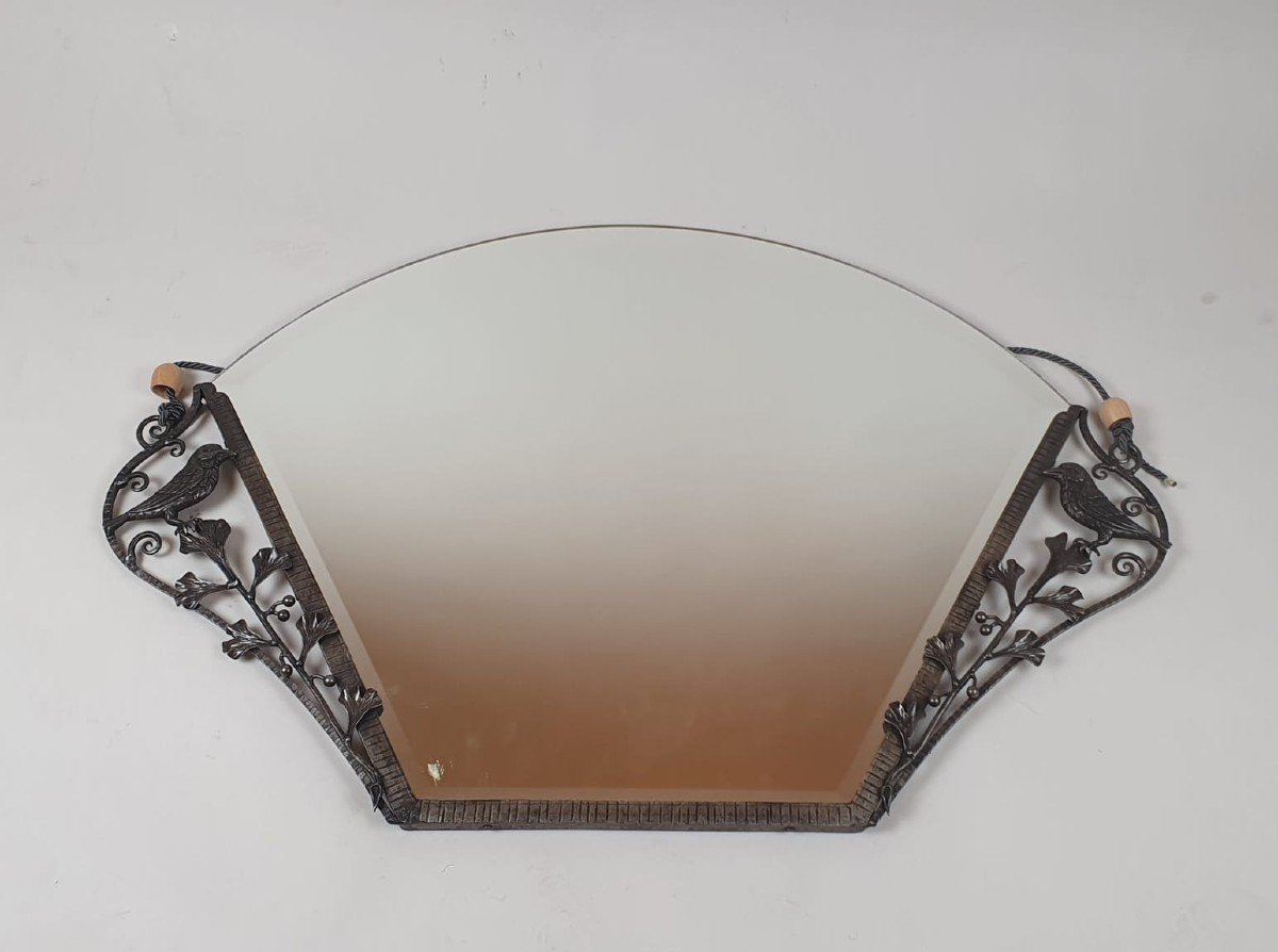 Miroir Art Déco En Fer Forgé à Décor d'Oiseaux Et Fleurs De Gimkgo, Vers 1920