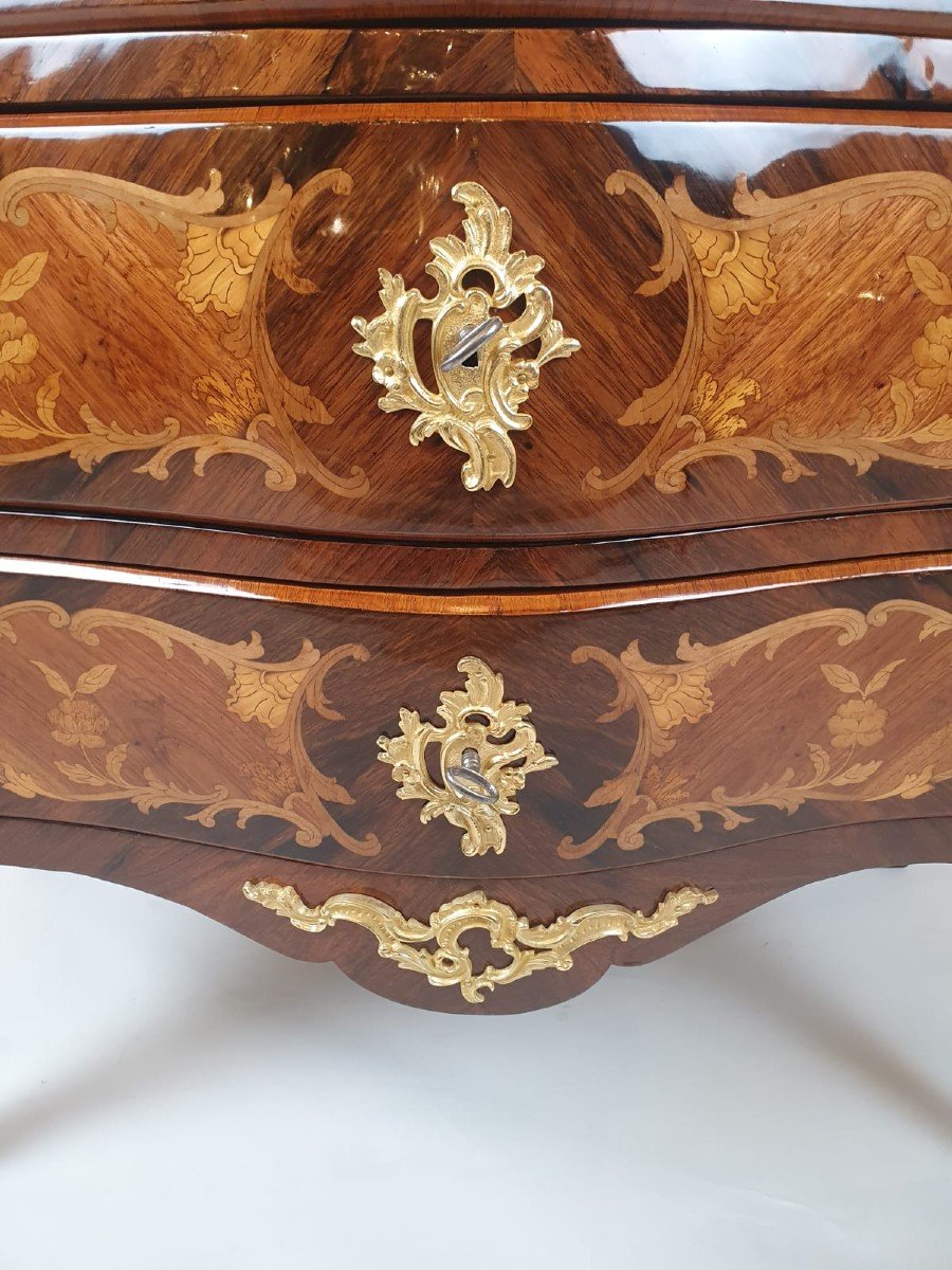 Louis XV Style Chest Of Drawers Marquetry Of Rosewood And Fruit Wood, Napoleon III Period-photo-4