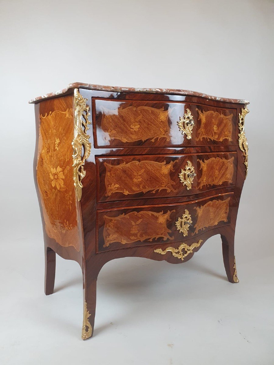 Louis XV Style Chest Of Drawers Marquetry Of Rosewood And Fruit Wood, Napoleon III Period-photo-1