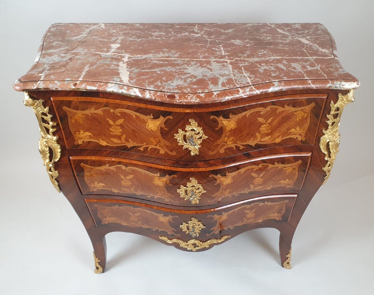 Louis XV Style Chest Of Drawers Marquetry Of Rosewood And Fruit Wood, Napoleon III Period-photo-2