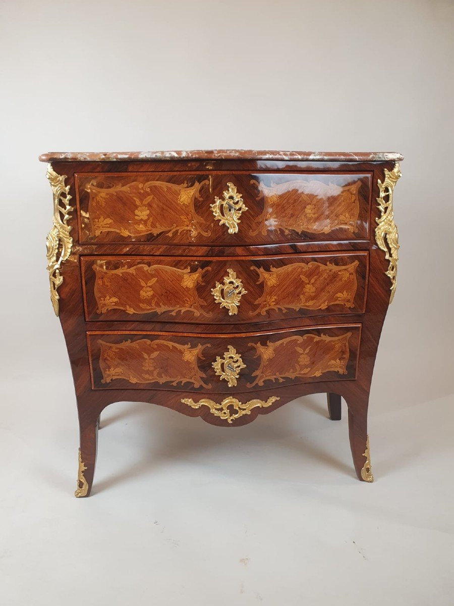 Louis XV Style Chest Of Drawers Marquetry Of Rosewood And Fruit Wood, Napoleon III Period