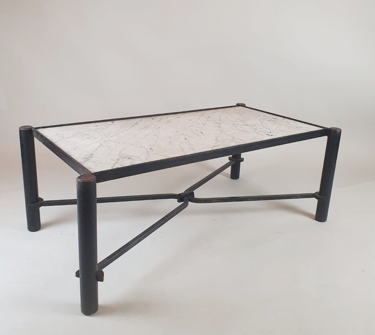 Table Basse En Fer Forgé Et Tablette De Marbre, Vers 1970