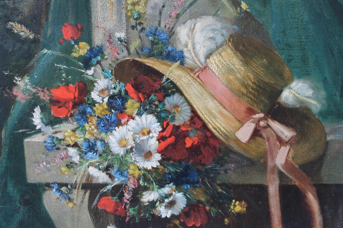 Huile Sur Toile, "bouquet De Fleurs Au Chapeau", Signé Carlier-photo-2