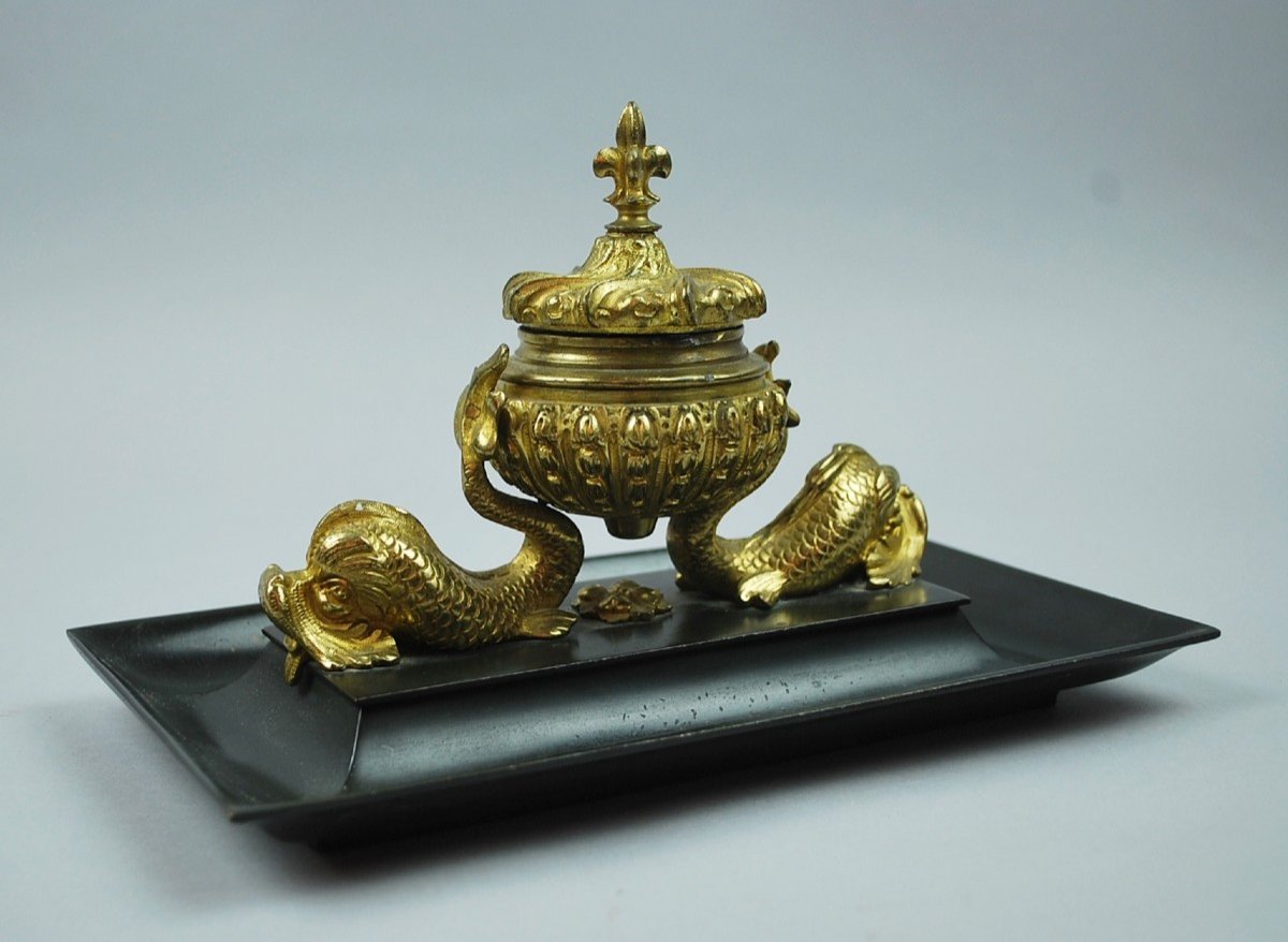 Inkwell In Gilt Bronze And Black Patina, 19th