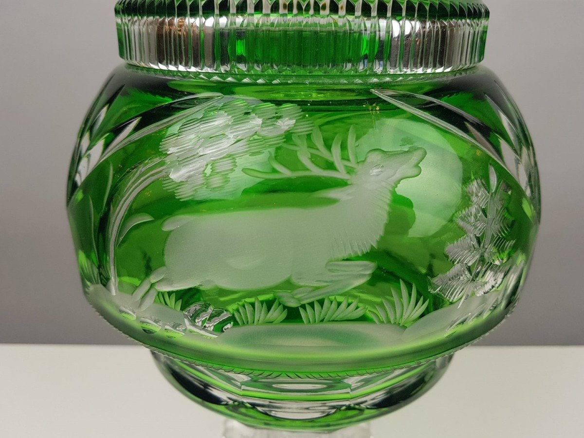 Vase Couvert En Cristal Taillé Doublé Vert-photo-4
