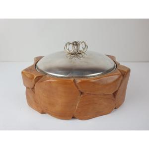 Biscuit Box In Olive Wood And Silver Metal, Marked Italy A. Tuna
