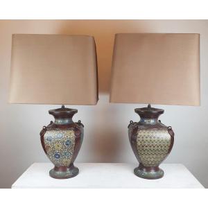 Pair Of Cloisonne Bronze Lamps, Late 19th Early 20th