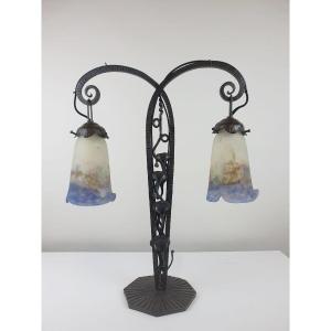 Muller Frères, Wrought Iron Lamp And Glass Paste Tulip