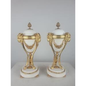Pair Of Louis XVI Cassolettes Forming Candlestick, Gilt Bronze And Marble, 19th